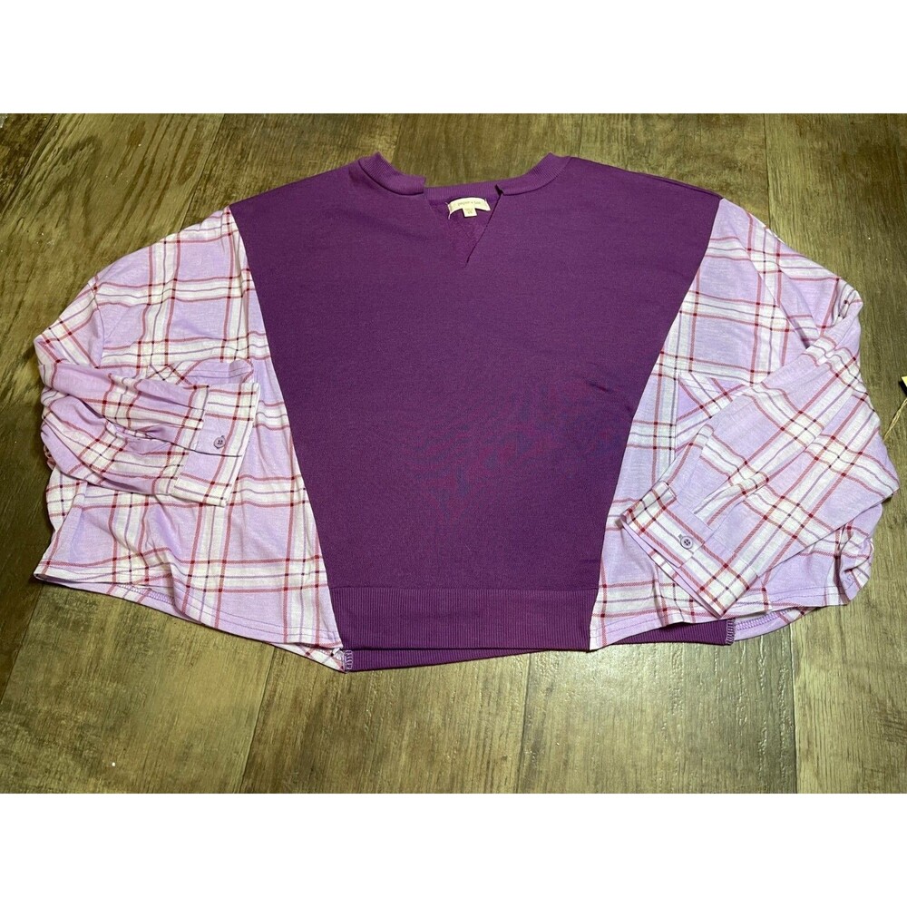 Paper + Tee Womens Blouse Plus Size 2X Purple Long Sleeve Knit Crop Top Shirt
